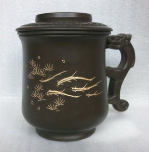 鶯歌茶杯-客製化茶-DK901 龍杯+畫魚圖3件式 龍杯黑色,寫字泡茶杯組